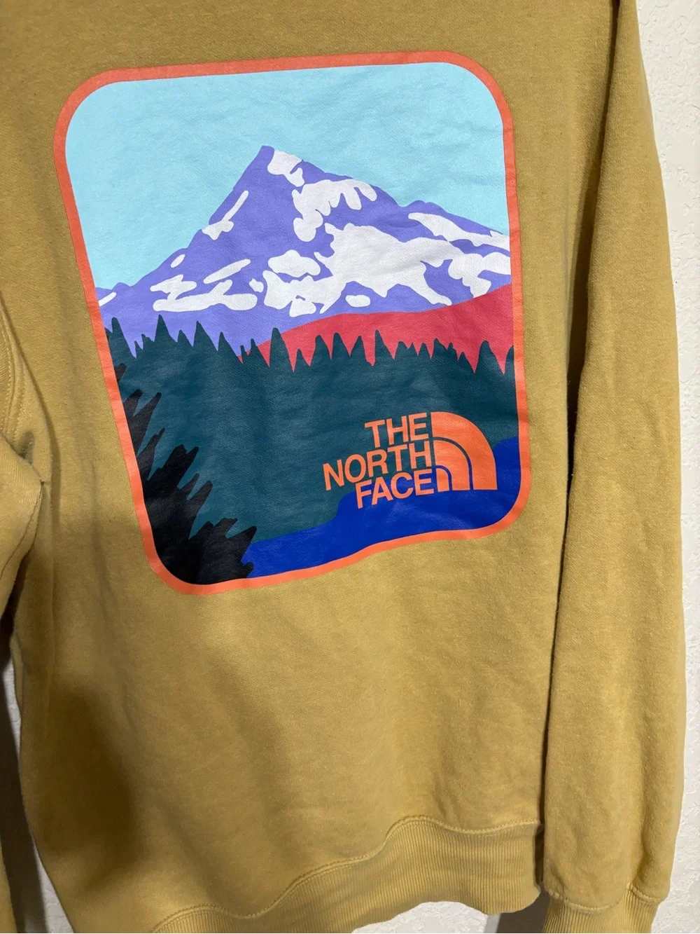 The North Face Mustard Pullover Hoodie with mountain outdoors scenery